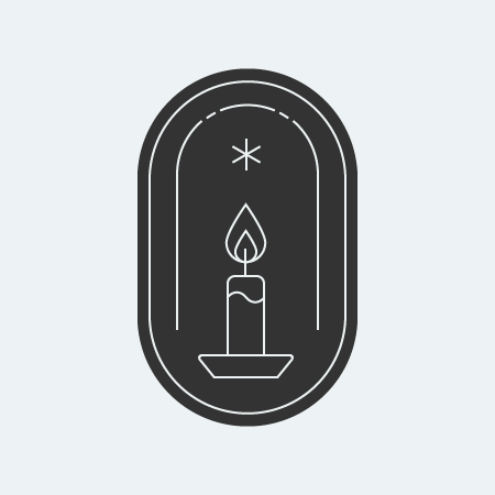 An icon with a candle and a single snowflake, framed in a vertical ring.