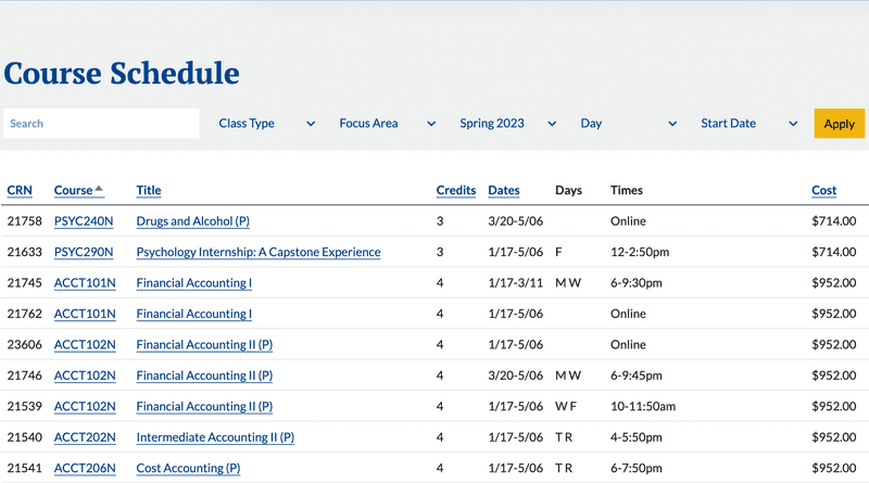Screenshot of Nashua Community College course schedule