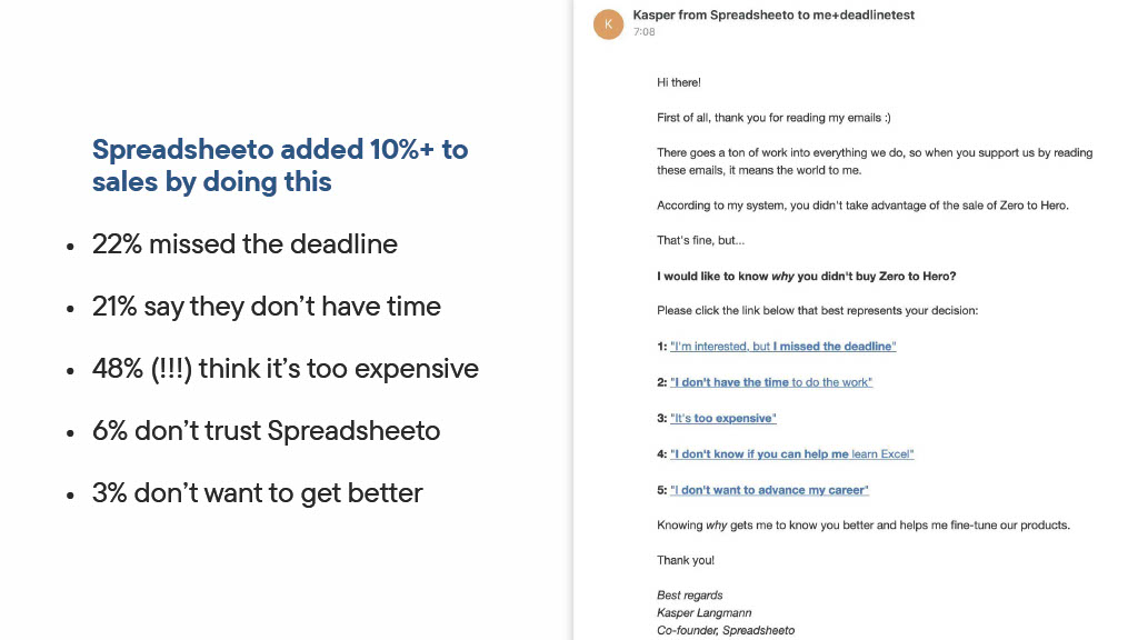 Replicating Sales with Email Automation: Figure showing the results of the survey why leads won't buy Spreadsheeto