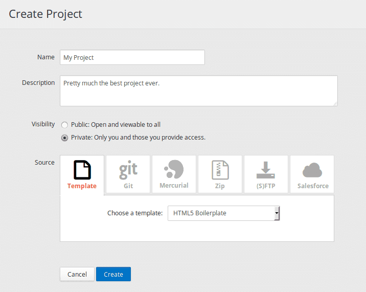Screenshot of Codio's create project page