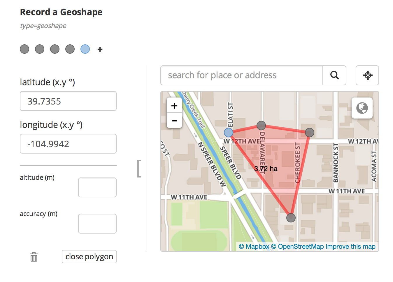 Screenshot of Geoshape Widget with shown inputs