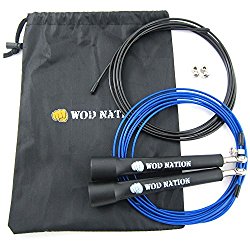 WOD Nation Speed Jump Rope - Blazing Fast Jumping Ropes - Endurance Workout for Boxing, MMA, Martial Arts or Just Staying Fit + FREE Skipping Training Included - Adjustable for Men, Women and Children