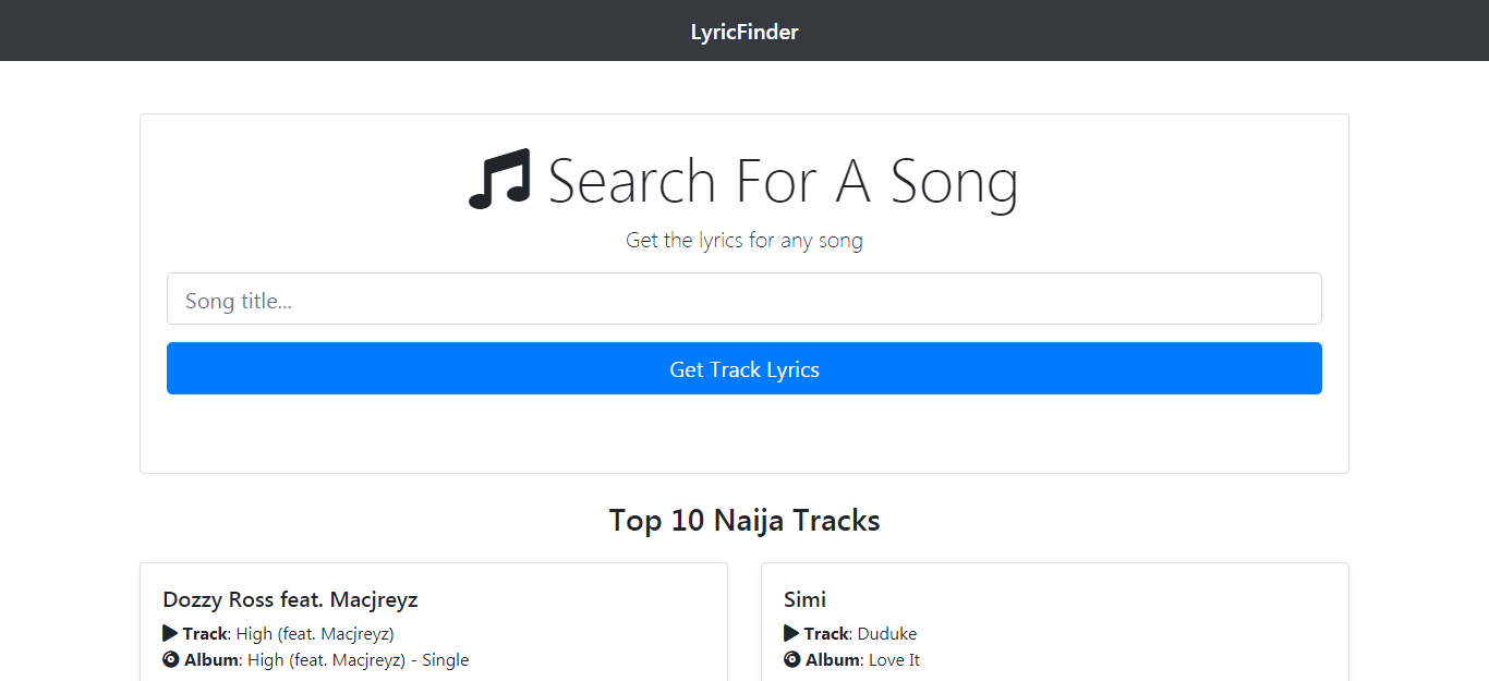 Lyric searcher project screenshot