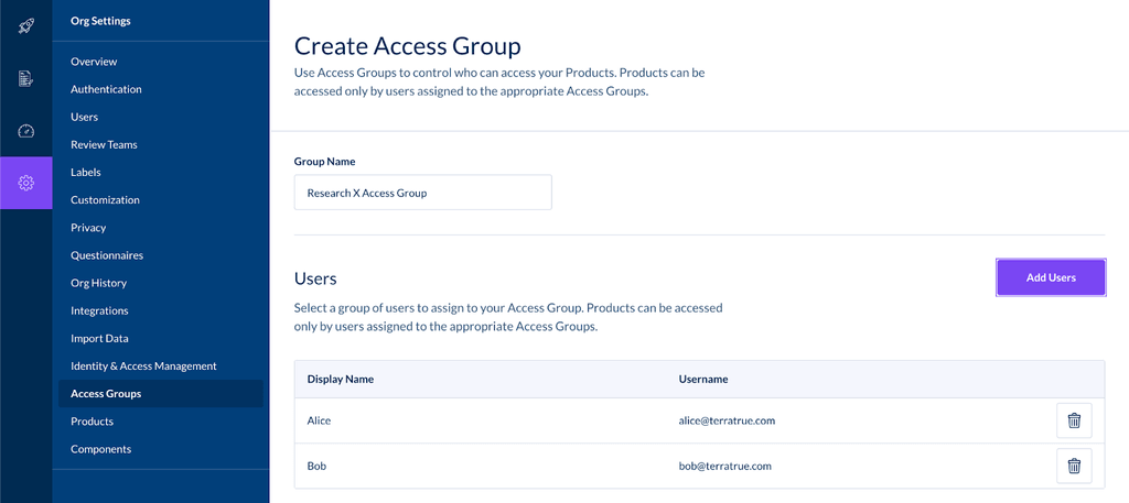 Adding users to create access groups. 