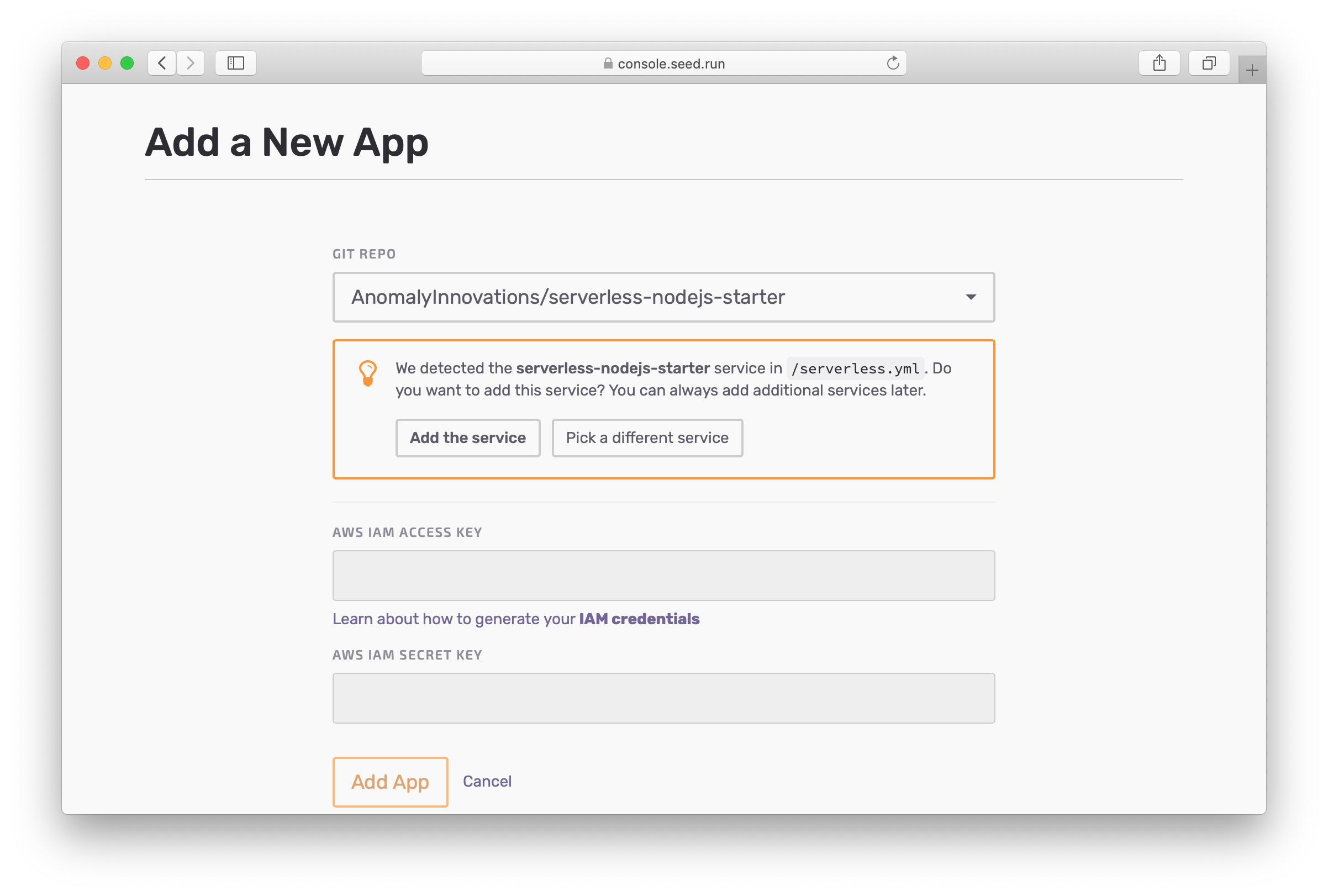 Auto-detect serverless.yml adding app