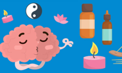 Illustration of a cartoon brain meditating and surrounded by candles, flowers, and medicine bottles.