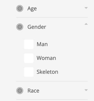 A screenshot of a website form with a field for "Gender" and radio buttons for "Man", "Woman", and "Skeleton"