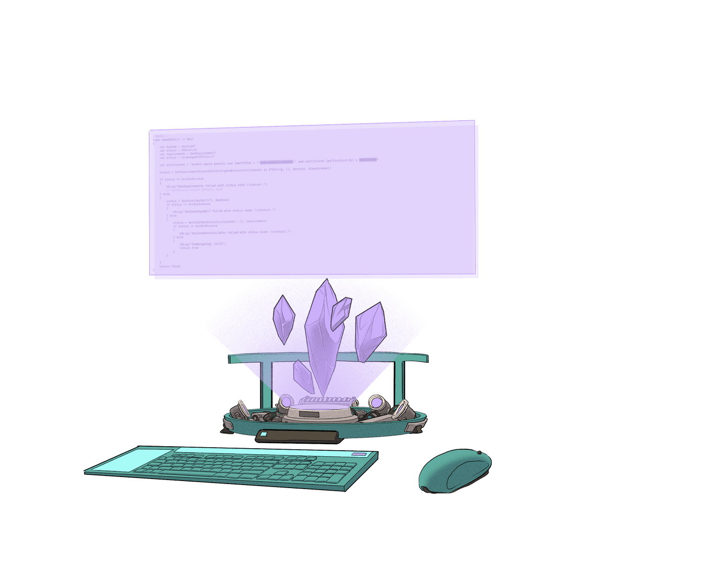 Illustration of a futuristic computer set up, powered by Ethereum crystals.
