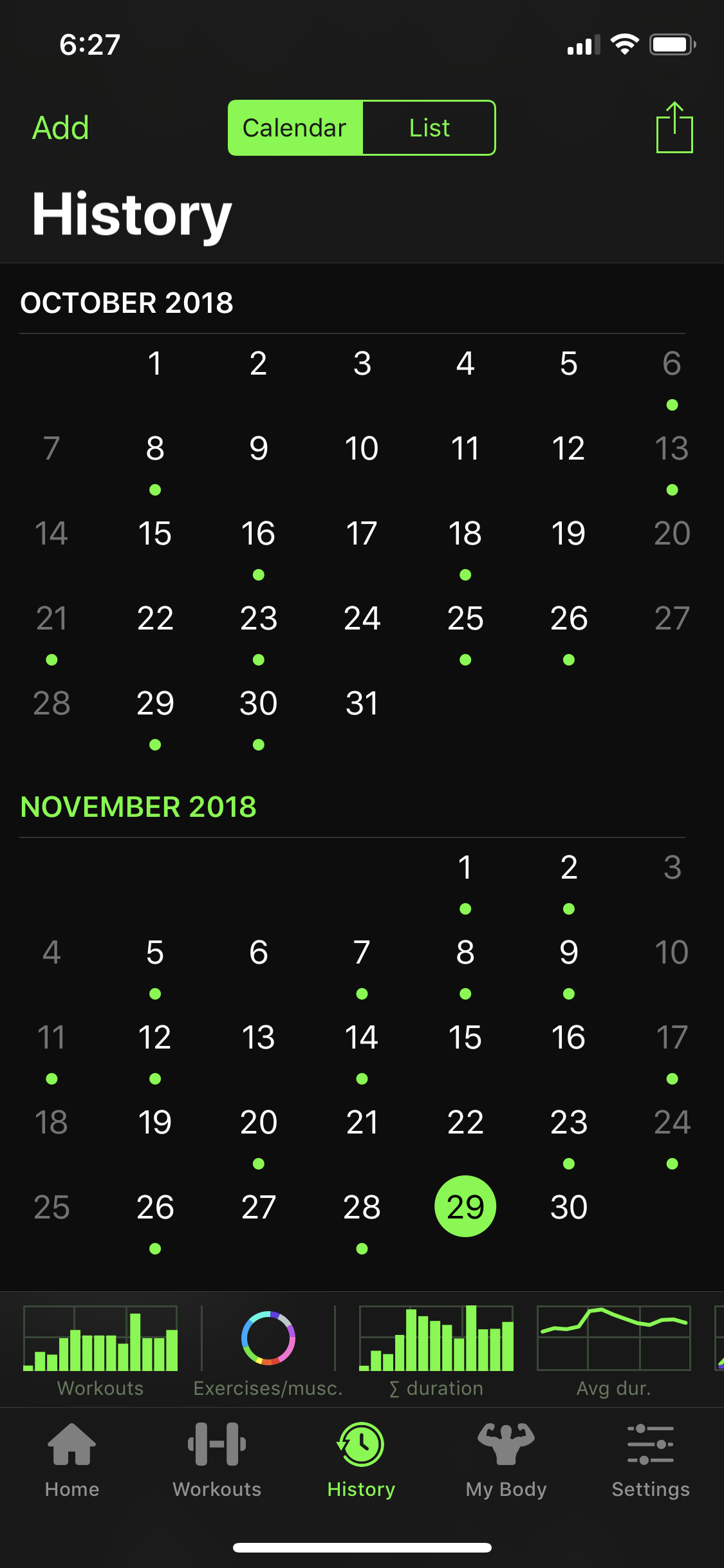 ONE: Calendar of completed workouts. TWO: Or a list view. THREE: You can add your favorite charts to your home screen.