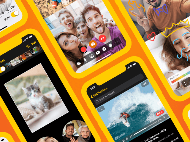 Several views of a video chat app superimposed on solid-colored smartphone frames and bright background