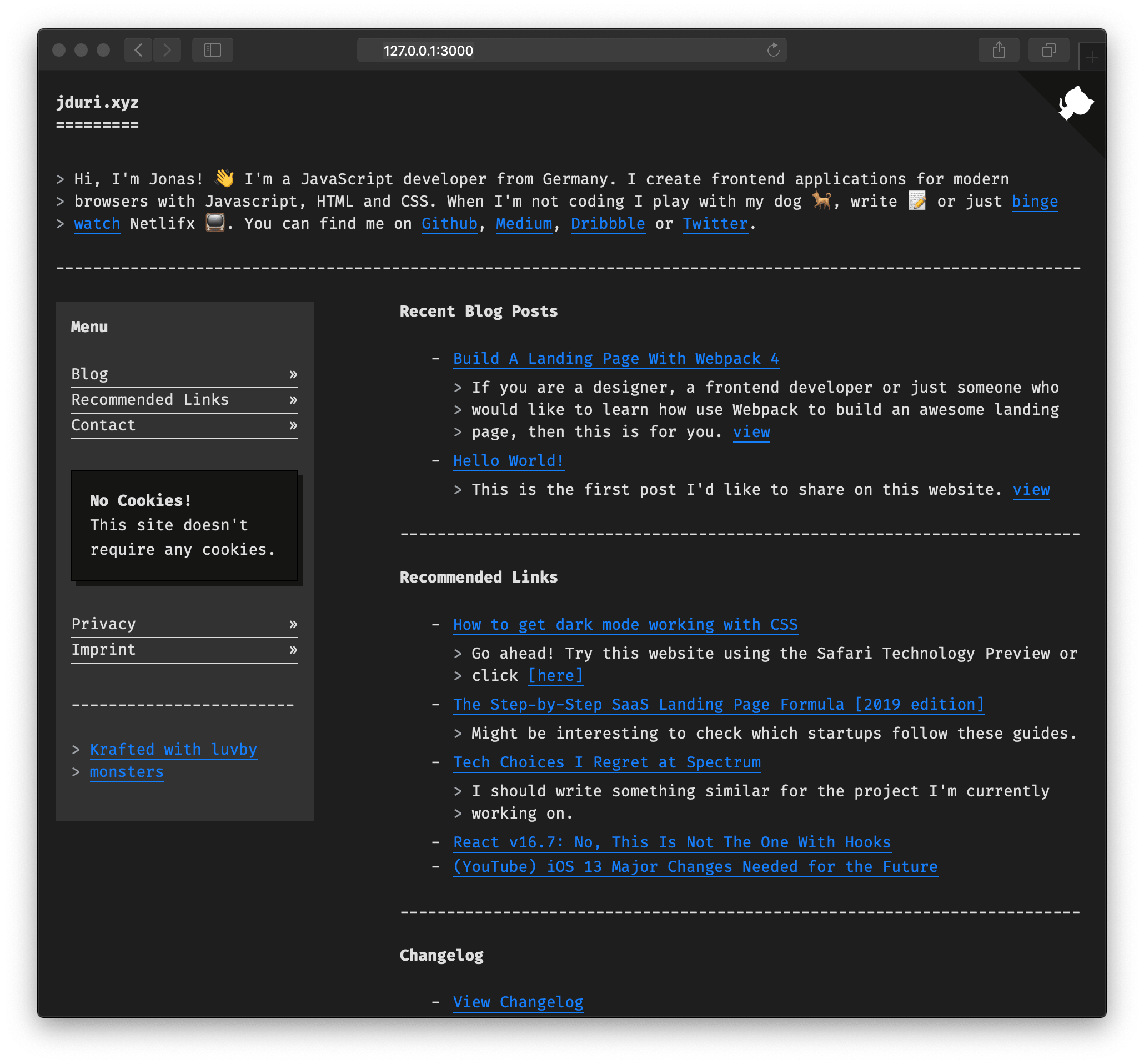 Dark Mode Screenshot of my website using a dark theme