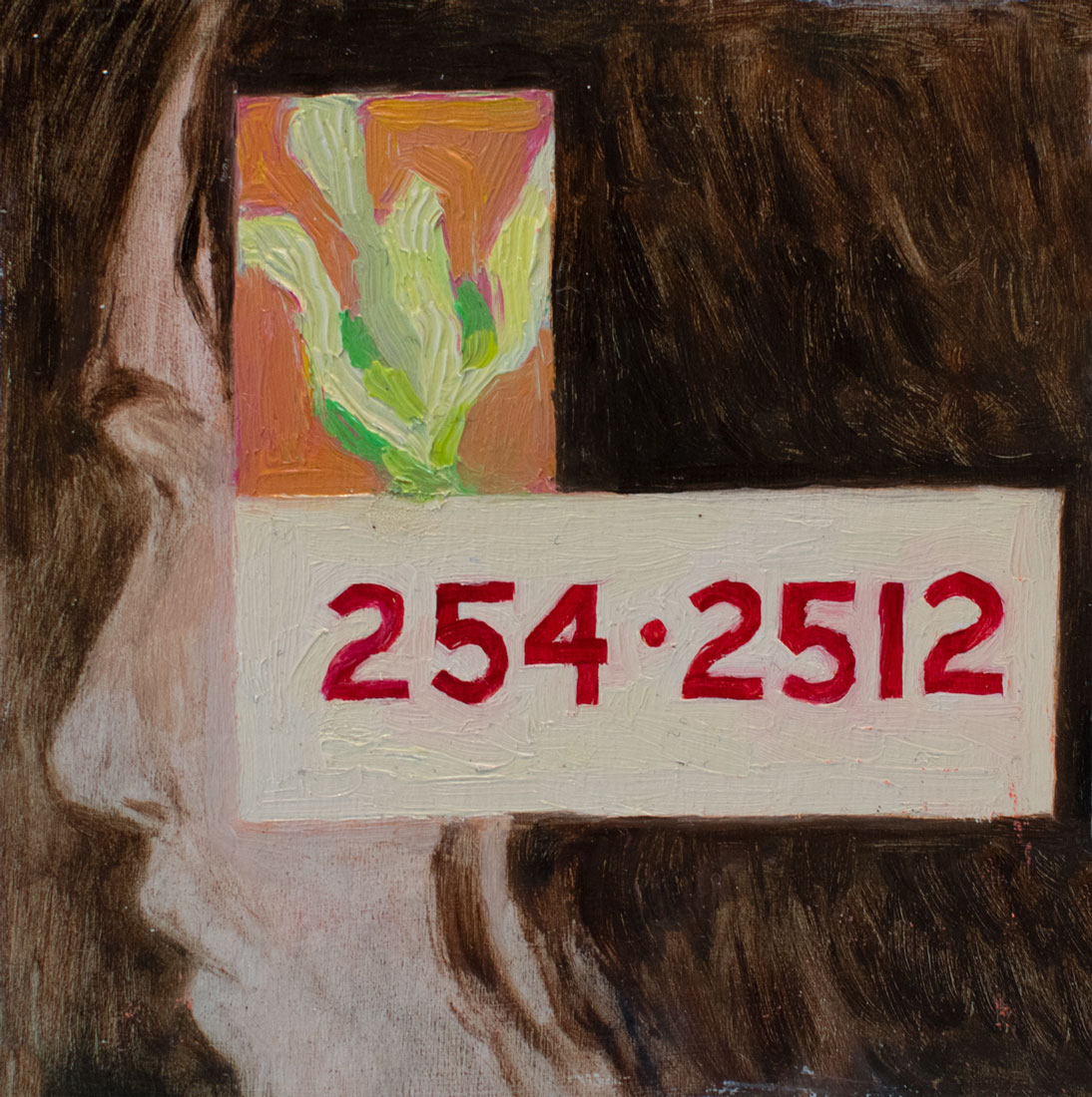 oil painting of a woman's face, with a string of red numbers in a white box over top of it.