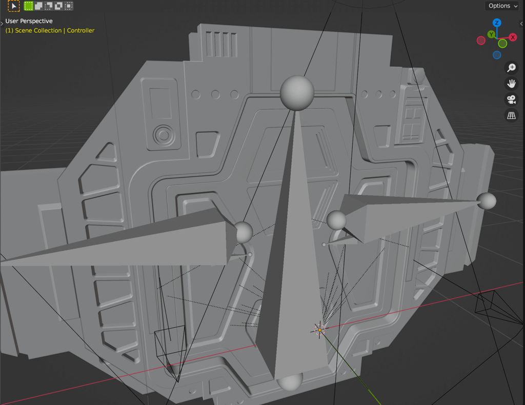 The Blender viewport showing the clay version of the bulkhead door. All added armatures are rendered on top of the door.