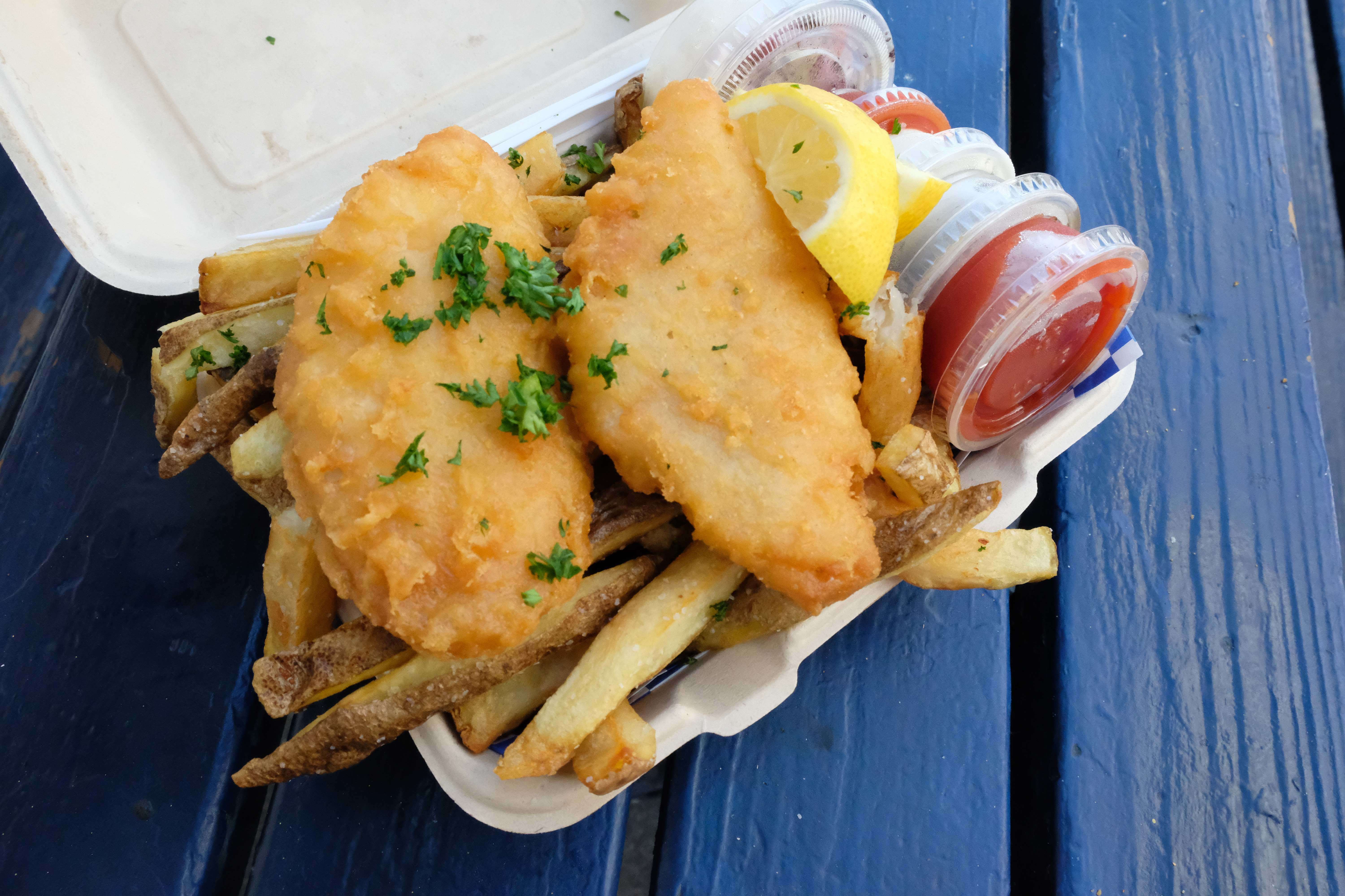 Fish and chips with open container