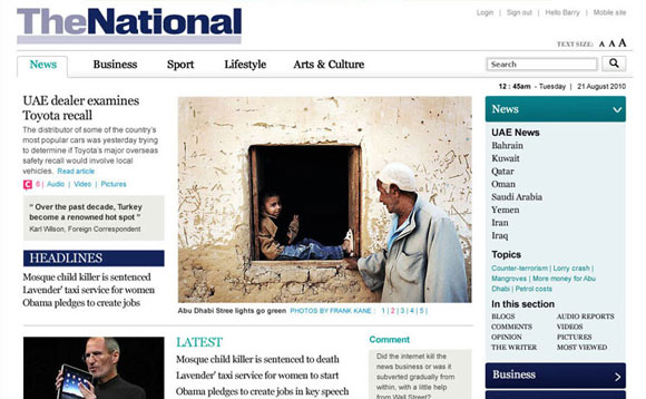 Screenshot showing The National's website on a desktop