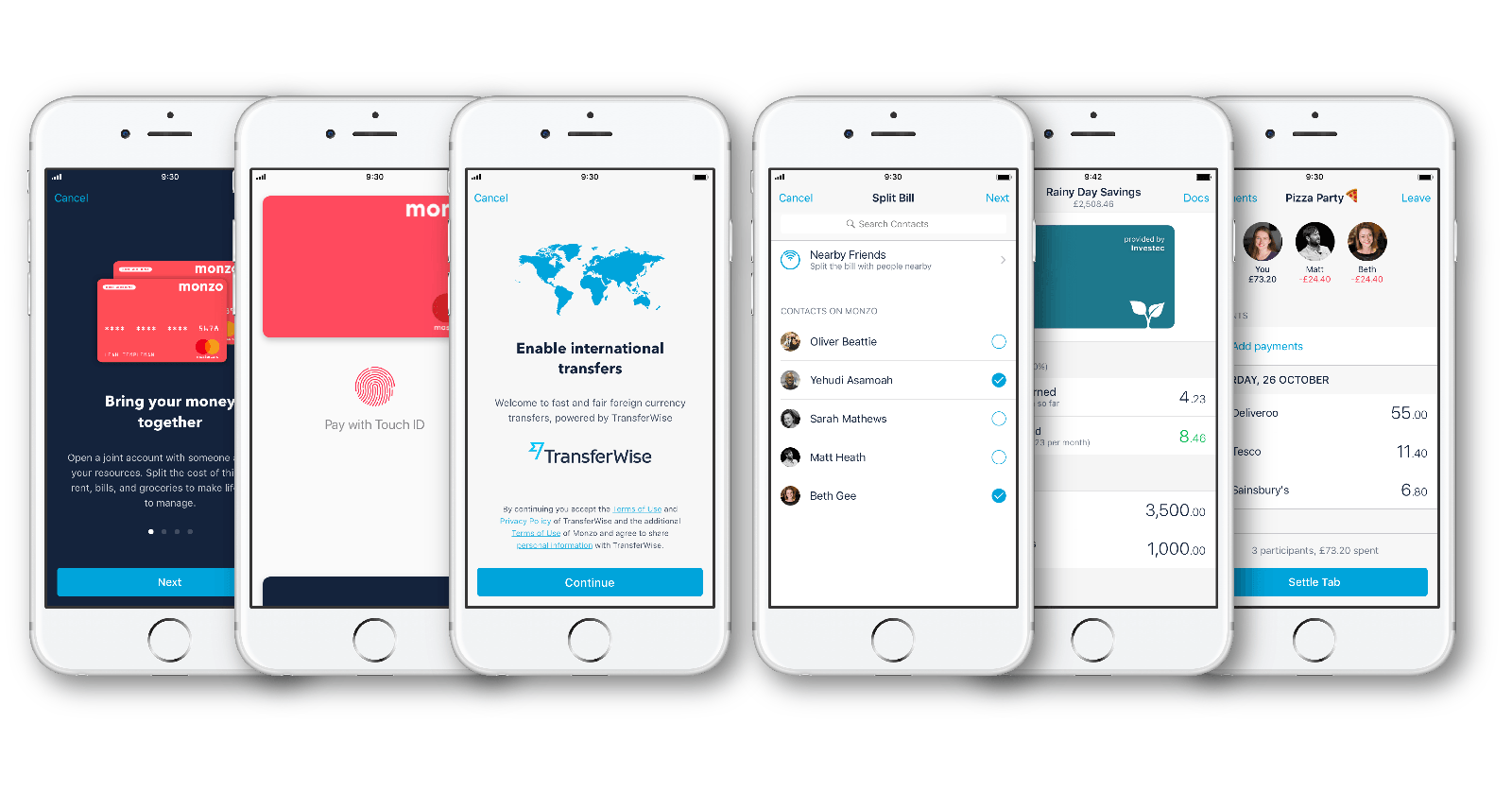 Six examples of new Monzo features on phone screens
