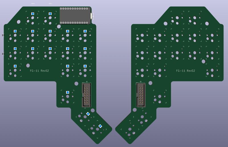 A 3D render of the PCBs for a revision of my custom split keyboard. The vertical column stagger is moved one key outward, so the pinky and index columns are lower than the middle and ring finder columns, but now the pinkies rest on the outer-most column. The thumb clusters are moved one key outward too. This revision also shows holes for per key LEDs.