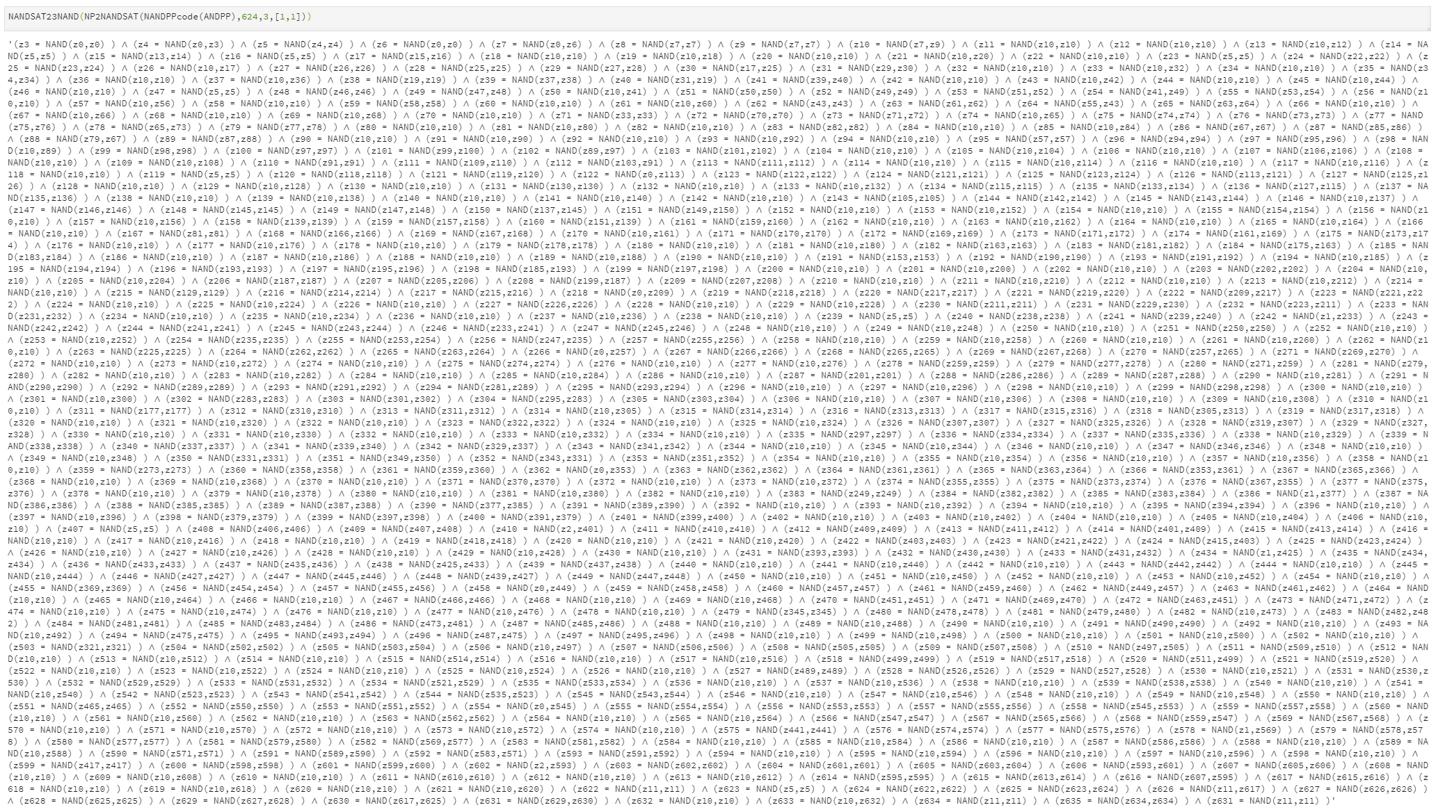 14.7: A 3\ensuremath{\mathit{NAND}} instance that is obtained by taking a NAND-TM program for computing the \ensuremath{\mathit{AND}} function, unrolling it to obtain a \ensuremath{\mathit{NANDSAT}} instance, and then composing it with the reduction of .