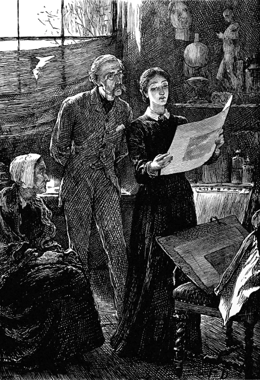 Frank Dicksee, The Cornhill magazine, vol. 39. In an untidy studio, a woman holds a print and shows it to the man standing behind her.