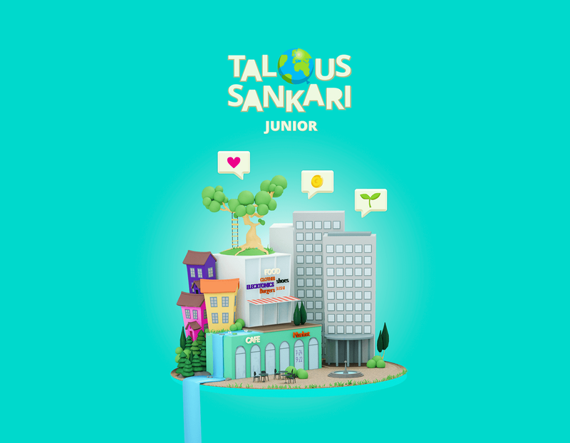 The Taloussankari Junior logo, and the miniature city artwork from the game.
