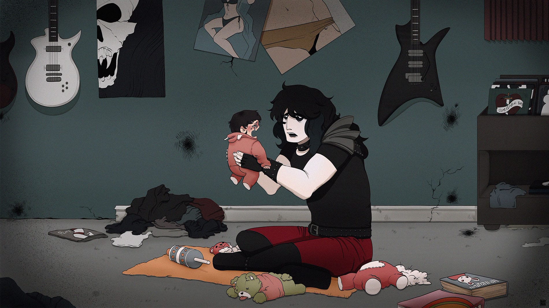Editorial illustration of a hair metal rocker struggling to figure out why his infant daughter is crying whilst surrounded by battered baby toys in the middle of his dirty, shabby, bedroom.