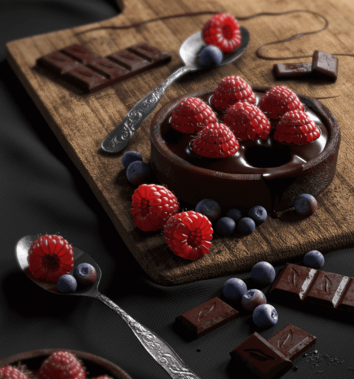  3d scene of raspberries and chocolates