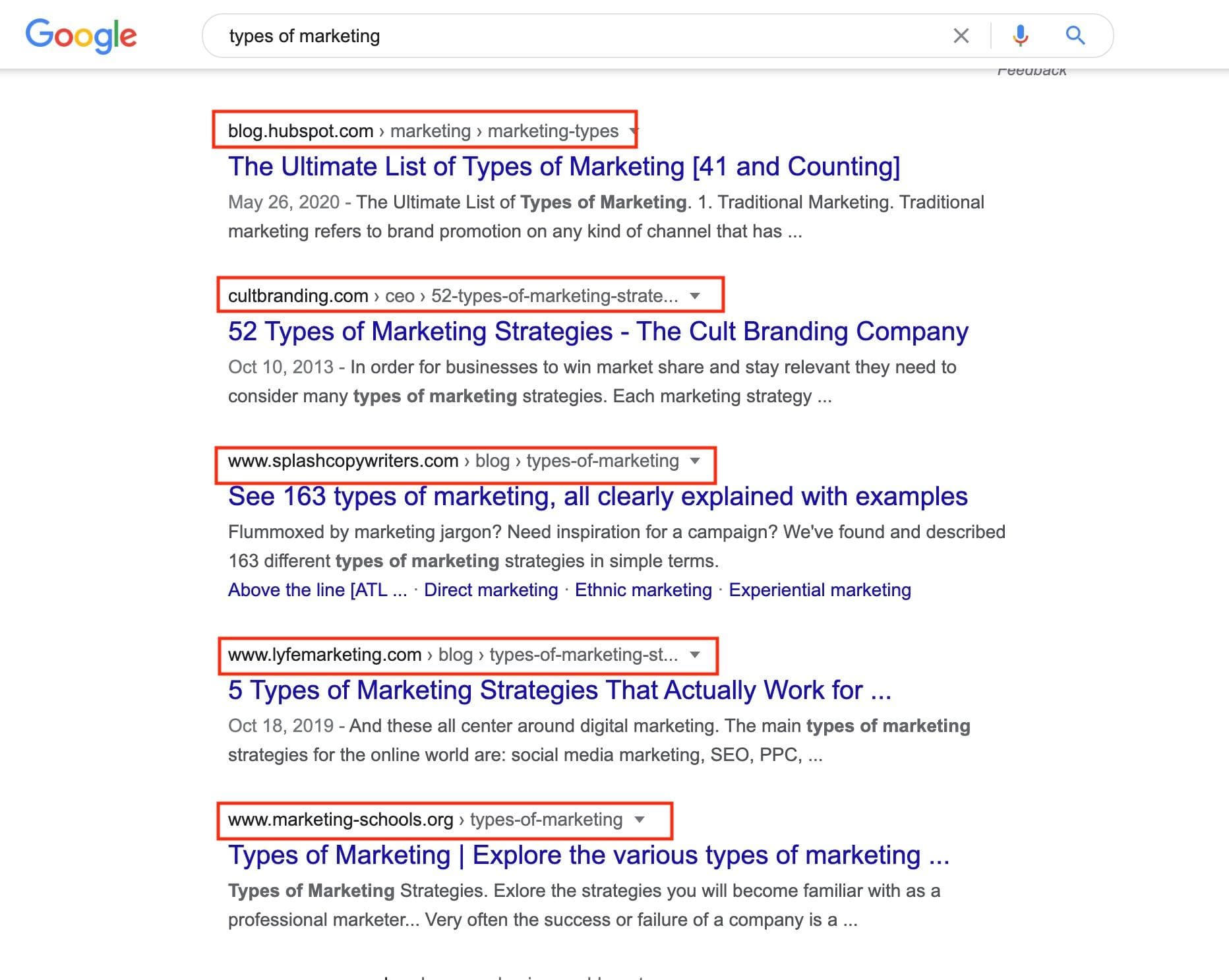 Google search of types of marketing