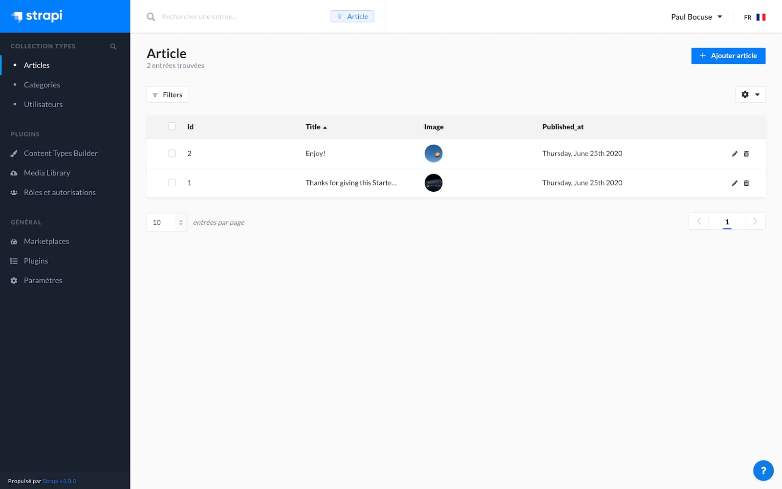 Articles listed in the Strapi UI.