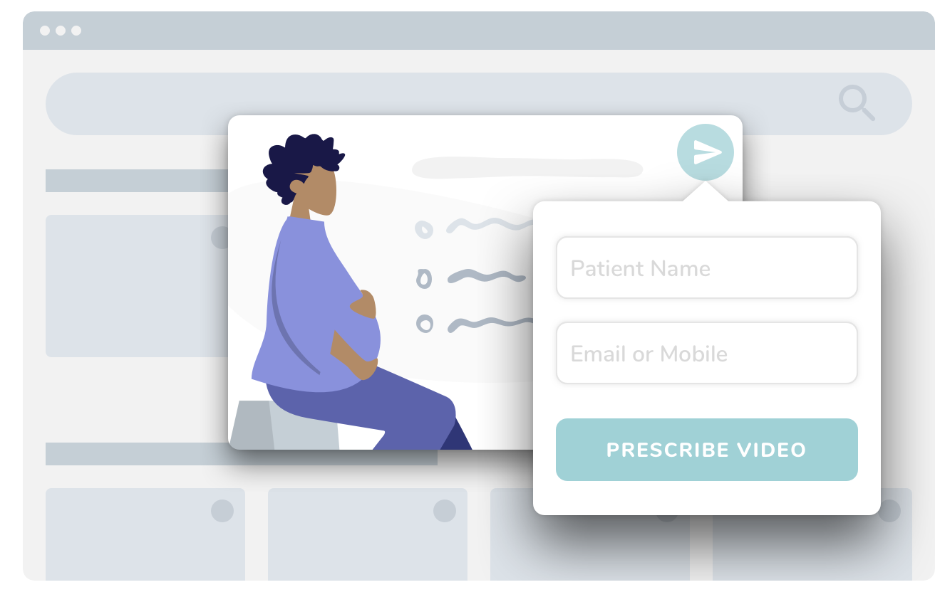 Illustration of the product showing a doctor prescribing a video to a patient from a library of videos.