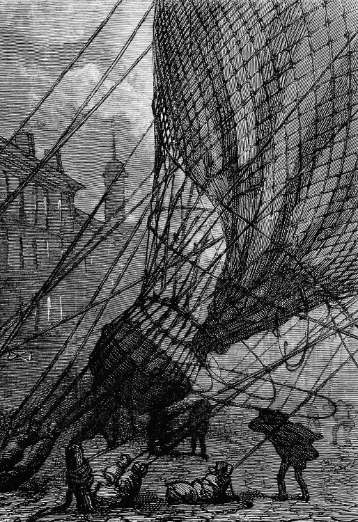“Wood engraving by Charles Barbant, L'île mystérieuse. People are busy around a hot air balloon tethered on a city square and straining on its ropes.”
