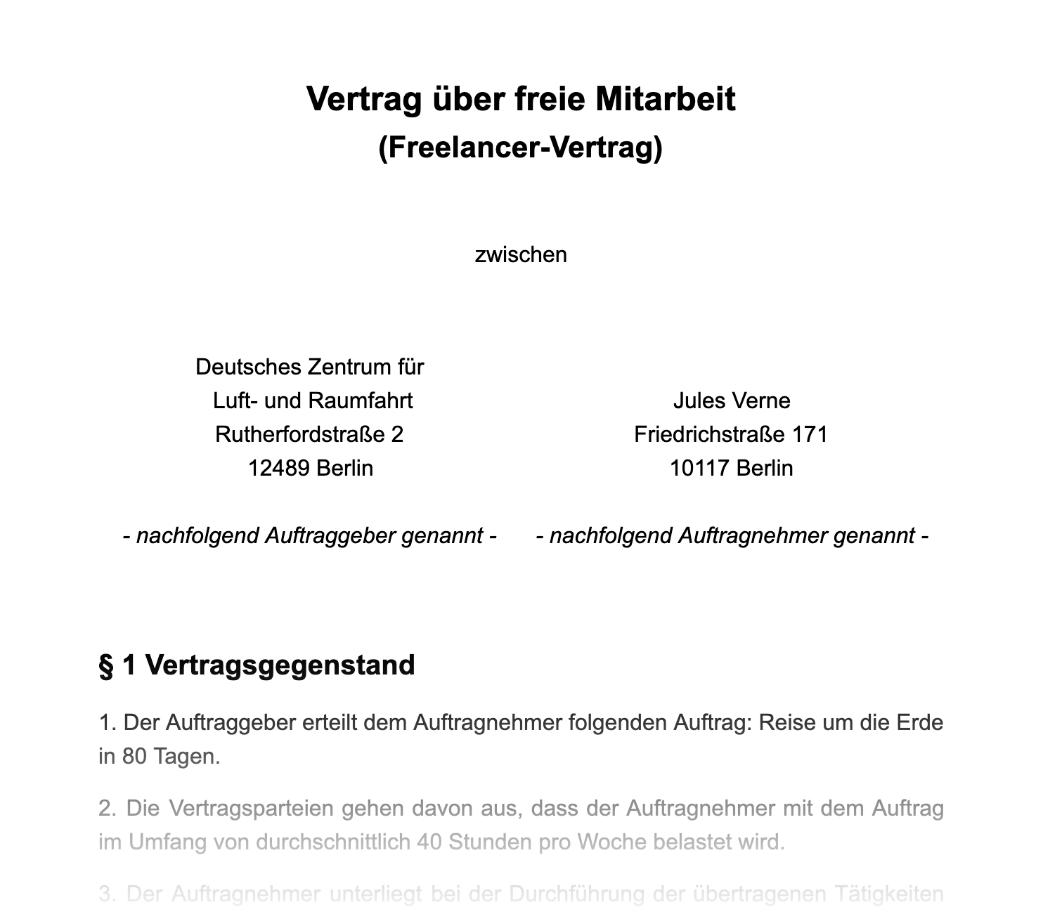 Muster eines Vertrages über freie Mitarbeit