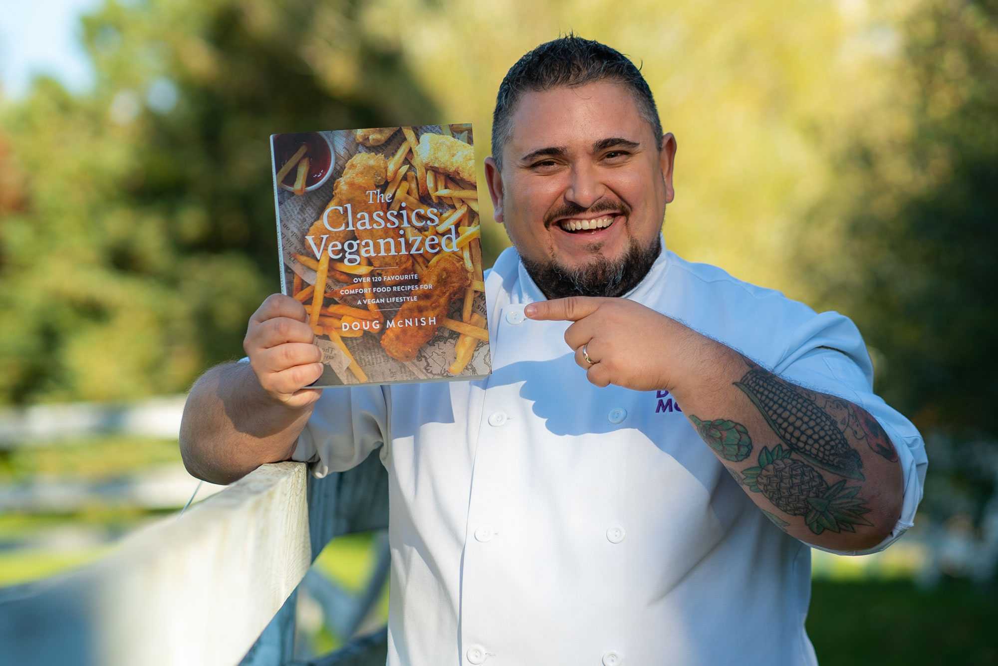 Doug smiles and points to his most recent cookbook, The Classics Veganized, which won the 2021 Gourmand Award for Best Vegan Cookbook in the world. 
