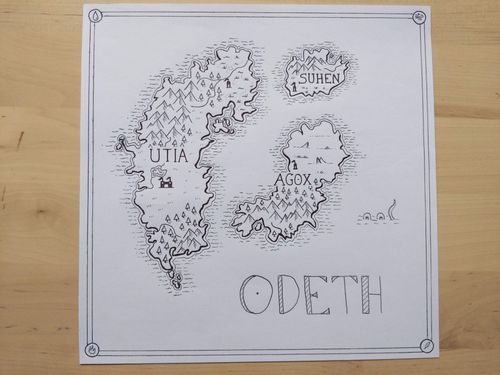 Carte carrée du monde d'Odeth vu du dessus. Il y a 3 continents et le nom de la carte. L'ensemble est entouré d'une bordure.