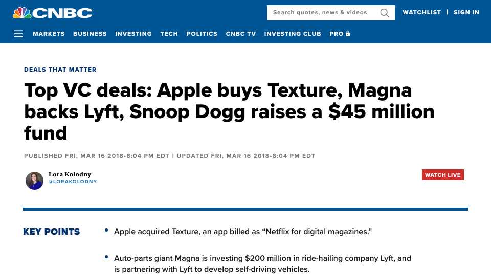 Top VC deals: Apple buys Texture, Magna backs Lyft, Snoop Dogg raises a $45 million fund