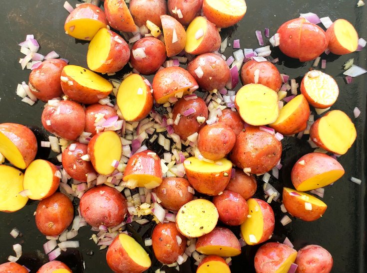 Red potatoes cut in half