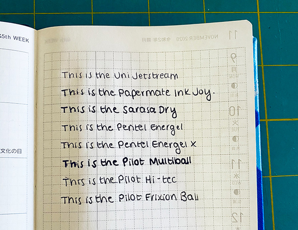 The pen names written in a Hobonichi planner, with mild to moderate smudging on all but the ballpoint.