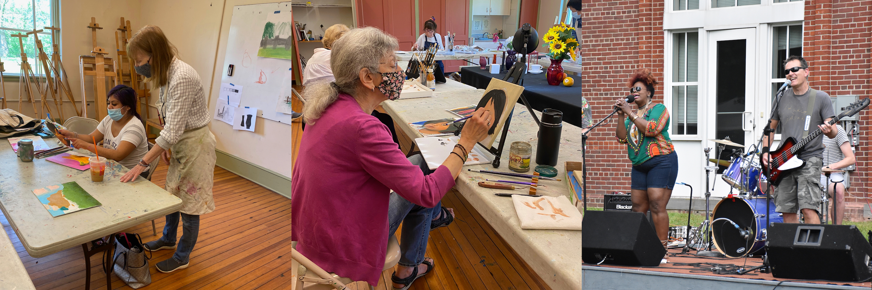 Images or CCArts art classes in session and live band