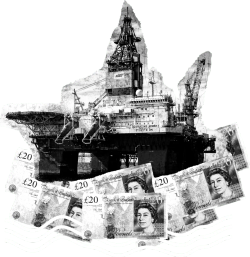 A black and white oil rig collage with bank notes
