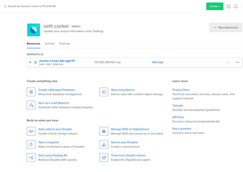 Droplet is created! the dashboard showing a new droplet and other DigitalOcean services