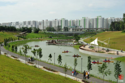 A group of people kayaking along Punggol Waterway in five kayaks, with HDB blocks in the background.