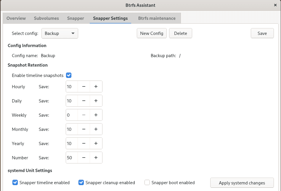 Configurações de agendamento do ponto de snapshot da Btrfs Assistant
