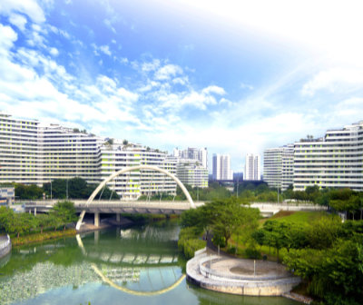 Punggol Arc Bridge pictured over the Punggol Waterway beneath a bright blue sky. The Waterway Terraces HDB flats can be seen behind the bridge in the background.
