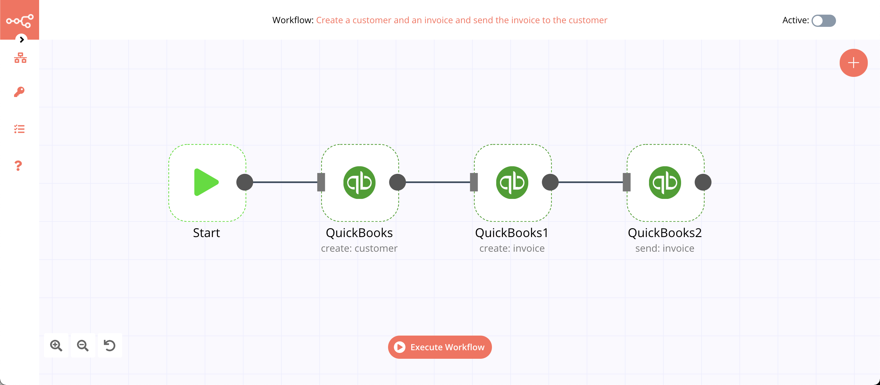 A workflow with the QuickBooks node