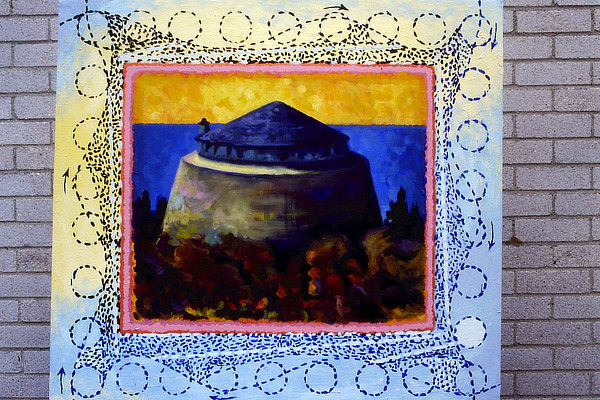 colourful painting of Martello Tower surrounded by bright illustrative border