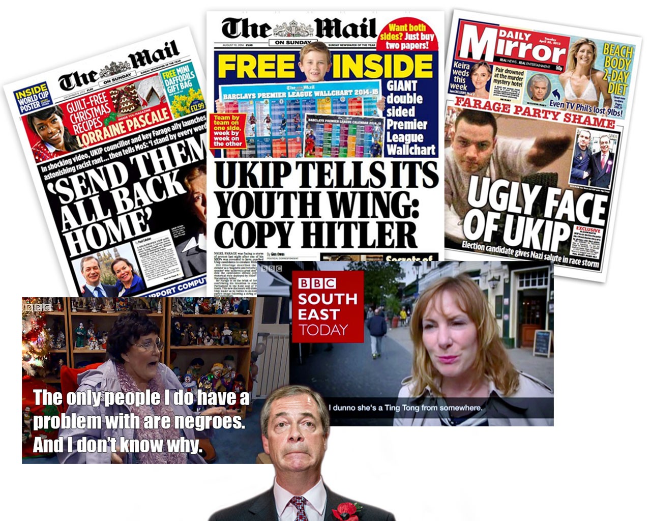 A selection of newspaper headlines and tv screenshots highlighting UKIPs terrible politicians