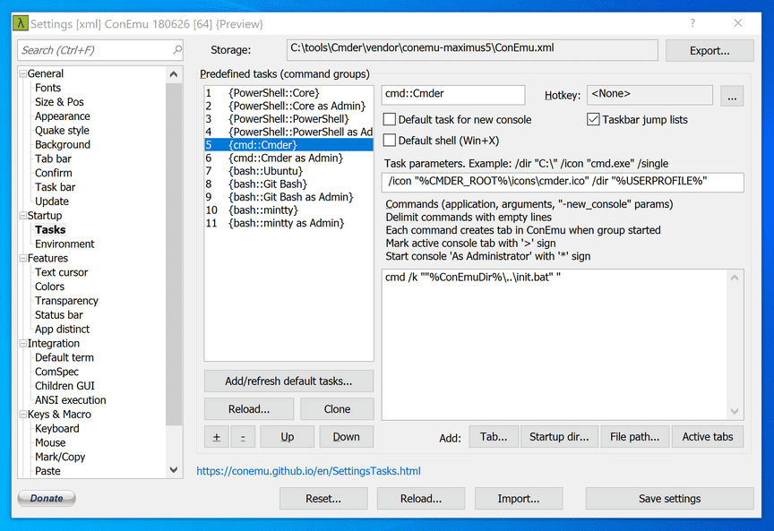 The task settings page, showing my cmd::Cmder task Screenshot of a Cmder task settings page