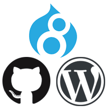 Logos: Drupal 8, GitHub, WordPress