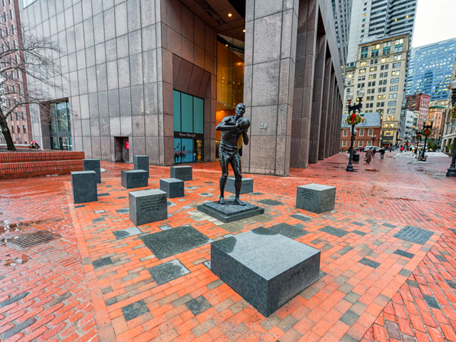 A statue of Boston Celtics Hall of Famer, Bill Russell, winner of 11 championships, in Boston, Massachusetts