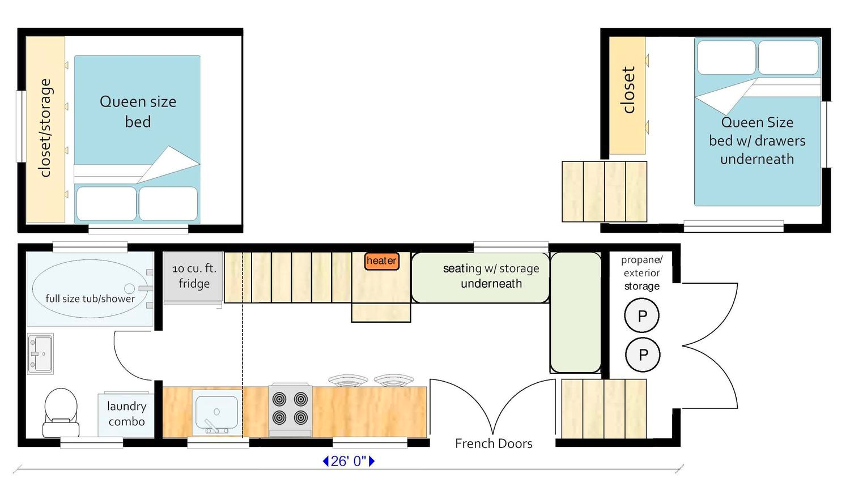 A 33' gooseneck trailer with two queen beds in the loft/upper areas, both with in-built closet and storage space. This also contains a living room downstairs via seating area, separate to a breakfast bar area. A 33' gooseneck trailer with two queen beds in the loft/upper areas, both with in-built closet and storage space. This also contains a living room downstairs via seating area, separate to a breakfast bar area.