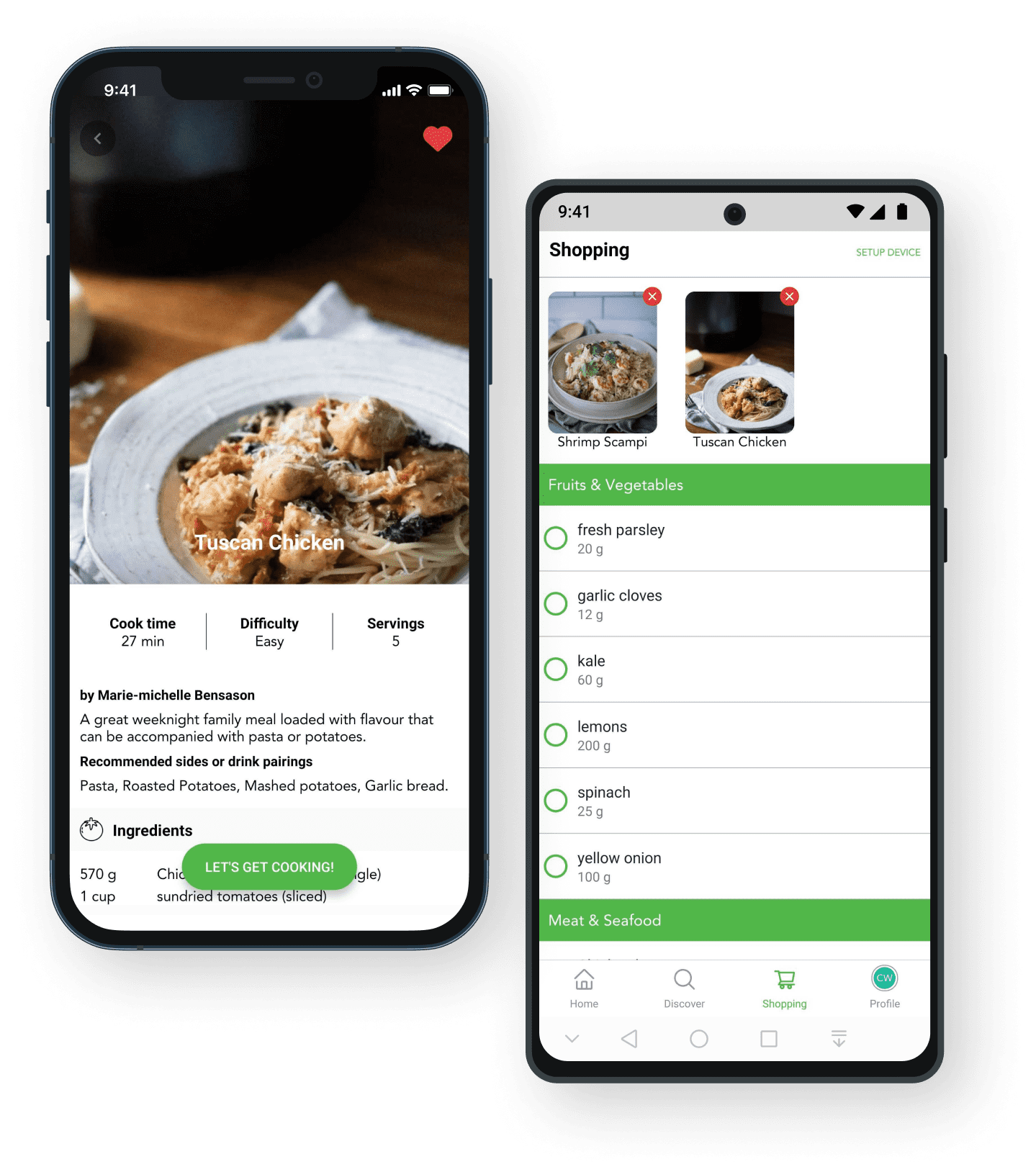 This image is showing two cell phone screens side by side. Showing two different screens of the Oliver app. The device on the left is showing the recipes page for the Tuscan Chicken and the device on the right is showing the shopping list screen. 